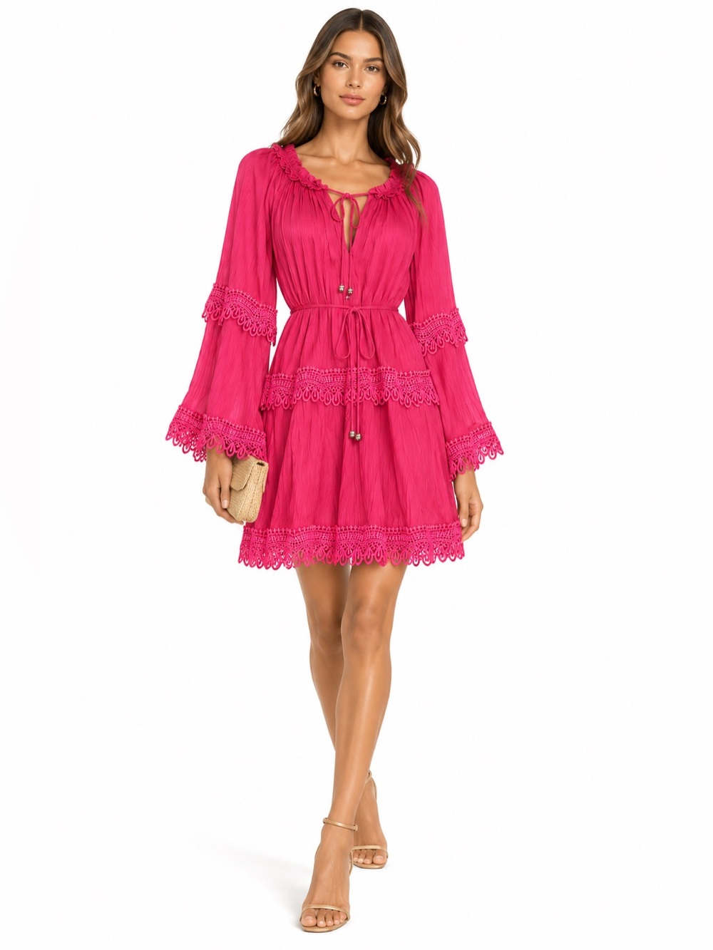 BCBGMAXAZRIA Pink Lace Trim Mini Dress Size 10 Bell Sleeve Boho Romantic
